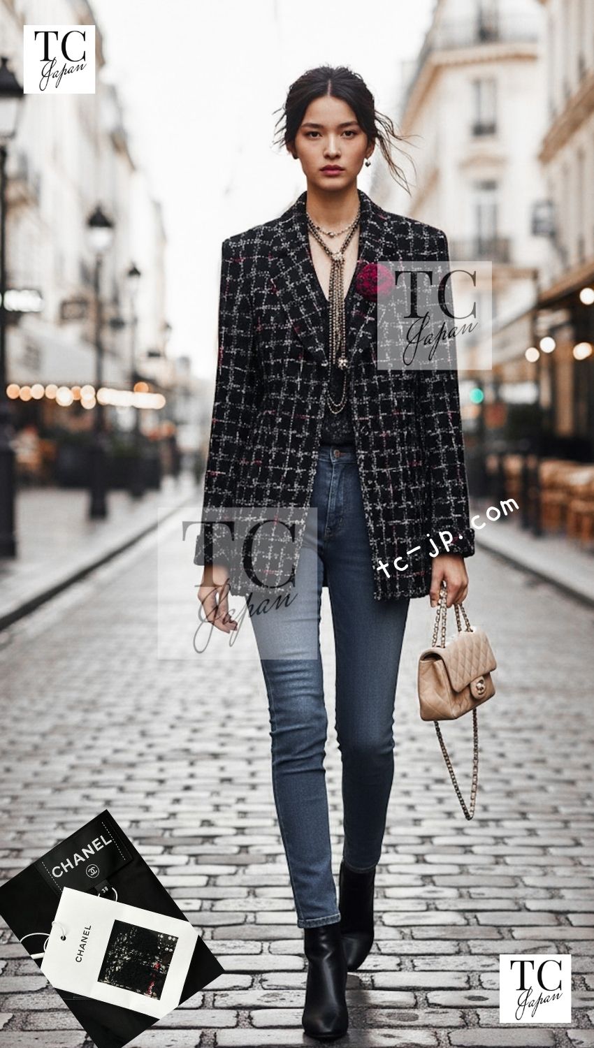 CHANEL 22A Black Multicolor Rhinestone Buttons Tweed Jacket 40 シャネル ブラック マルチカラー コットン ウール ラインストーン ボタン ツイード ジャケット 即発
