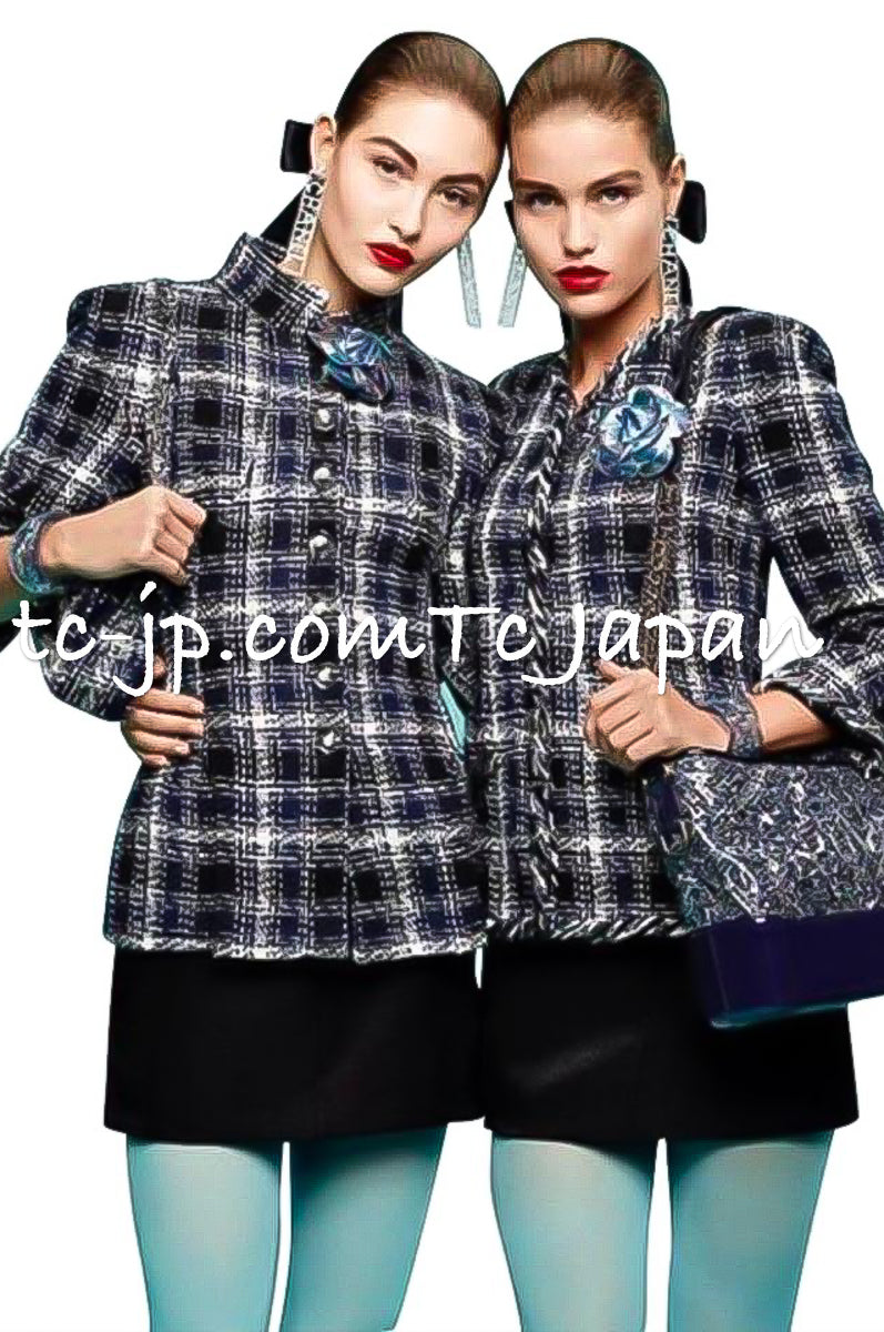 CHANEL 18S Navy Blue Ivory Checked Cotton Collarless Tweed Jacket 42 44 シャネル ネイビー ブルー アイボリー チェック コットン ノーカラー ツイード ジャケット 即発