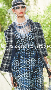 CHANEL 18S Navy Blue Ivory Checked Cotton Collarless Tweed Jacket 42 44 シャネル ネイビー ブルー アイボリー チェック コットン ノーカラー ツイード ジャケット 即発