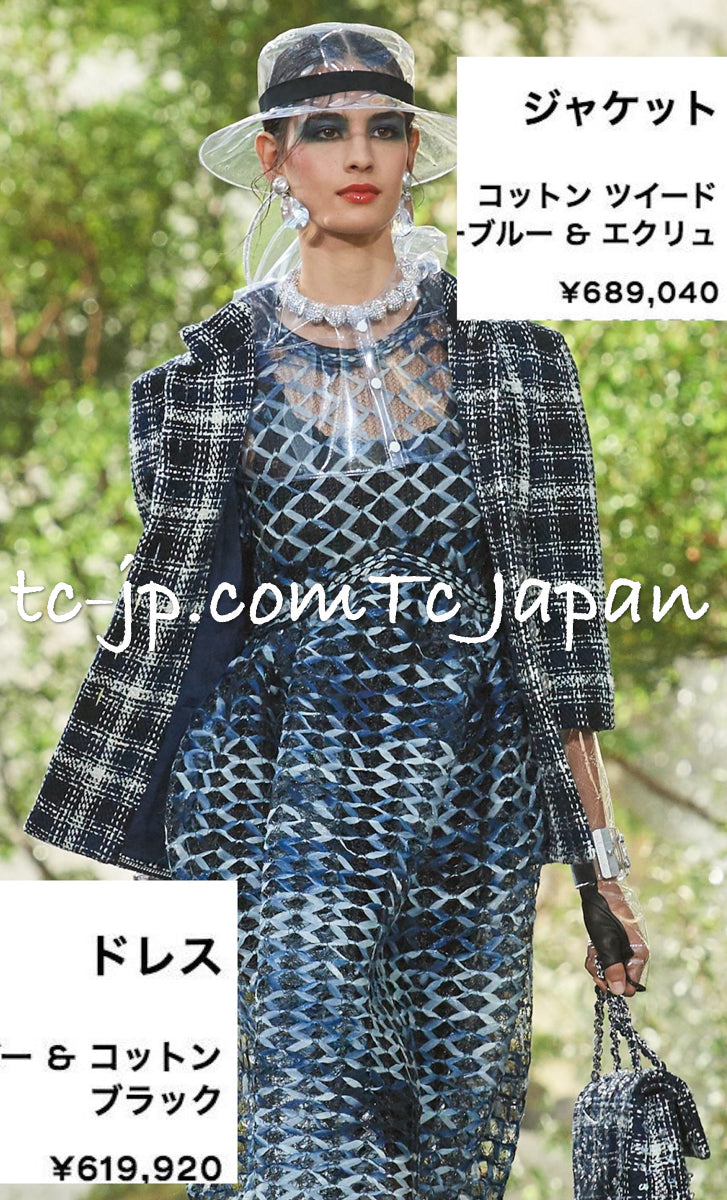 CHANEL 18S Navy Blue Ivory Checked Cotton Collarless Tweed Jacket 42 44 シャネル ネイビー ブルー アイボリー チェック コットン ノーカラー ツイード ジャケット 即発