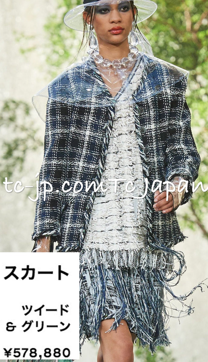 CHANEL 18S Navy Blue Ivory Checked Cotton Collarless Tweed Jacket 42 44 シャネル ネイビー ブルー アイボリー チェック コットン ノーカラー ツイード ジャケット 即発