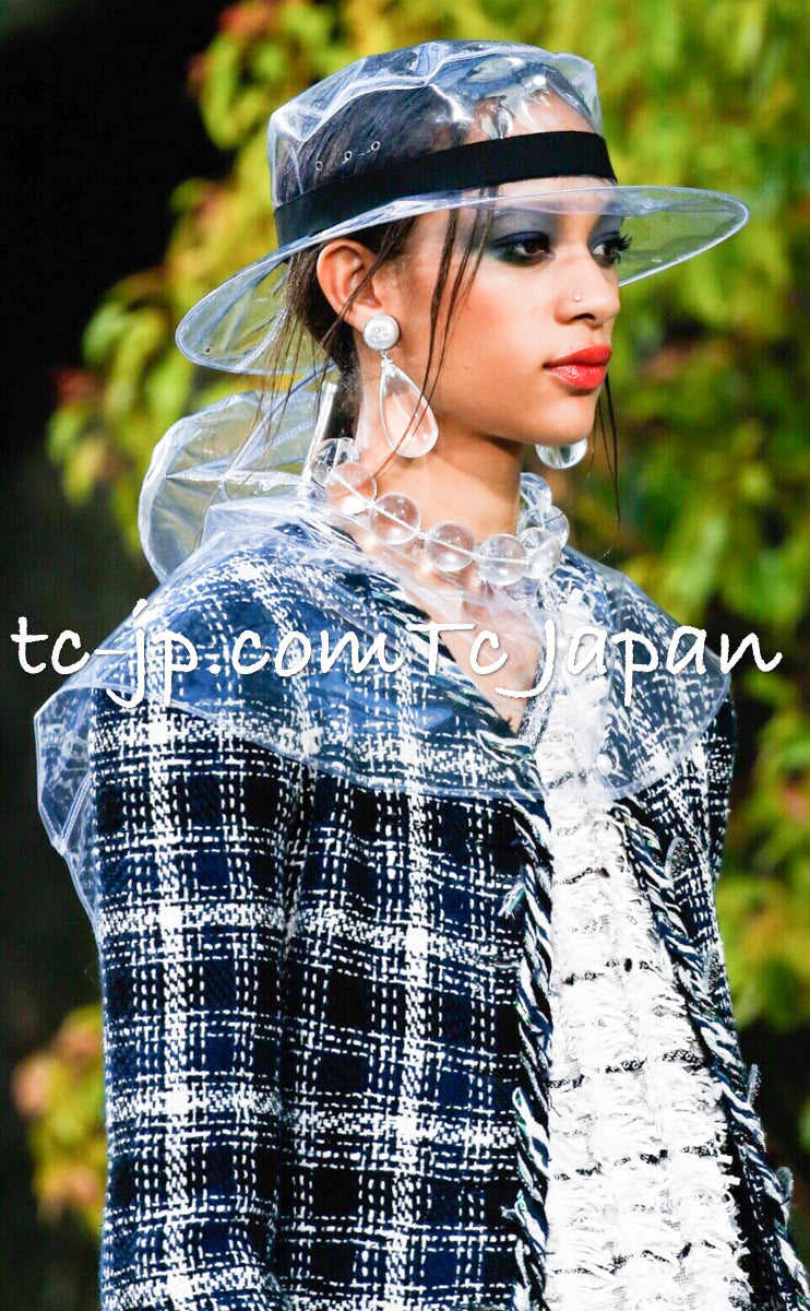 CHANEL 18S Navy Blue Ivory Checked Cotton Collarless Tweed Jacket Skirt Suit 42 シャネル ネイビー ブルー アイボリー チェック コットン ノーカラー ツイード ジャケット スカート スーツ 即発 - TC JAPAN