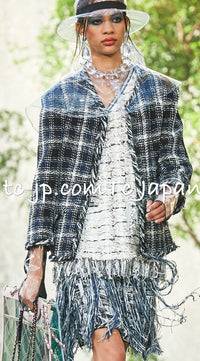 CHANEL 18S Navy Blue Ivory Checked Cotton Collarless Tweed Jacket Skirt Suit 42 シャネル ネイビー ブルー アイボリー チェック コットン ノーカラー ツイード ジャケット スカート スーツ 即発 - TC JAPAN