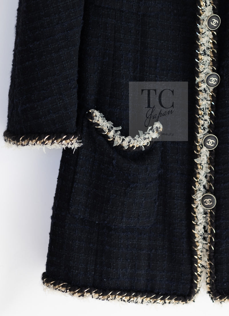 CHANEL 11A Black Navy Gold Chain Trimming Jacket Coat 36 シャネル ブラック ネイビー ゴールド チェーン トリミング ジャケット コート 即発