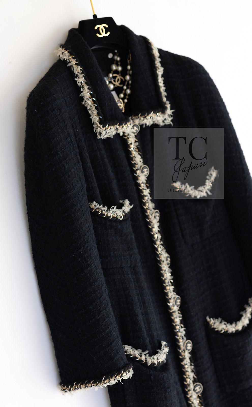 CHANEL 11A Black Dark Navy Gold Chain Trimming Jacket Coat 34 シャネル ブラック ダーク ネイビー ゴールド チェーン トリミング ジャケット コート