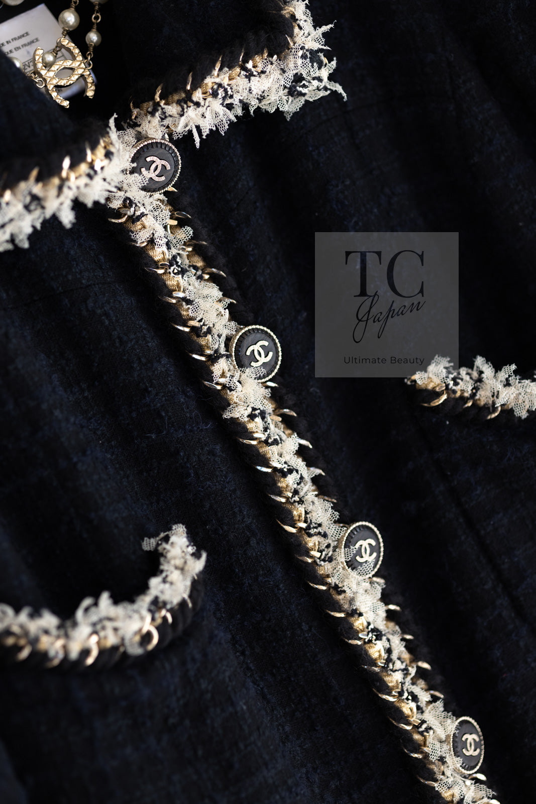 CHANEL 11A Black Dark Navy Gold Chain Trimming Jacket Coat 34 シャネル ブラック ダーク ネイビー ゴールド チェーン トリミング ジャケット コート 即発