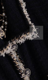 CHANEL 11A Black Dark Navy Gold Chain Trimming Jacket Coat 38 シャネル ブラック ダーク ネイビー ゴールド チェーン トリミング ジャケット コート