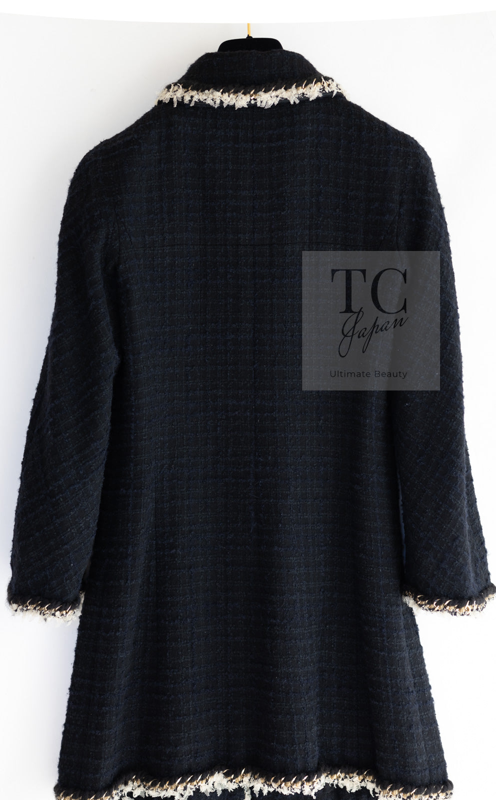 CHANEL 11A Black Dark Navy Gold Chain Trimming Jacket Coat 34 シャネル ブラック ダーク ネイビー ゴールド チェーン トリミング ジャケット コート