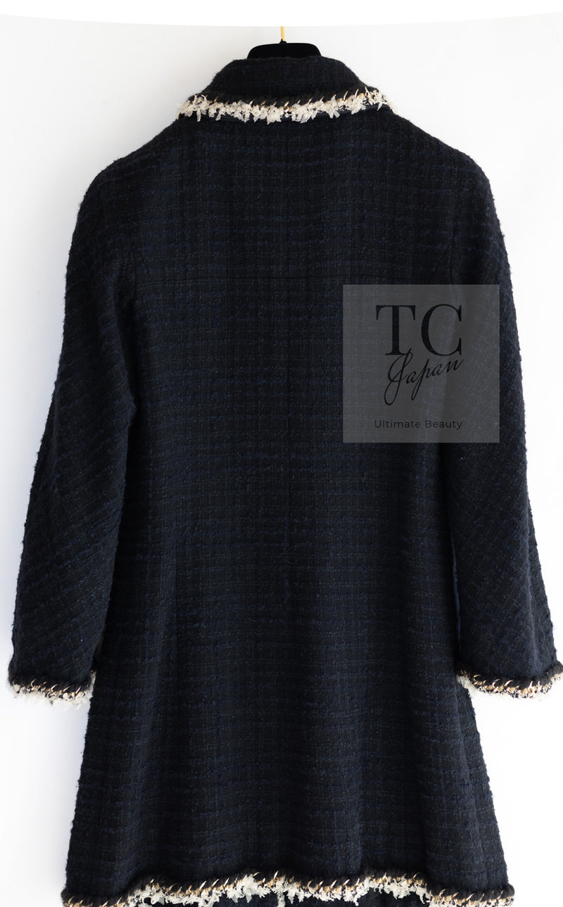 CHANEL 11A Black Dark Navy Gold Chain Trimming Jacket Coat 38 シャネル ブラック ダーク ネイビー ゴールド チェーン トリミング ジャケット コート