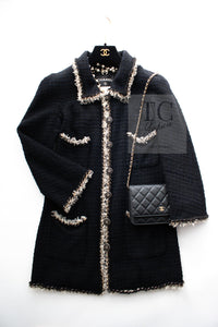 CHANEL 11A Black Dark Navy Gold Chain Trimming Jacket Coat 38 シャネル ブラック ダーク ネイビー ゴールド チェーン トリミング ジャケット コート