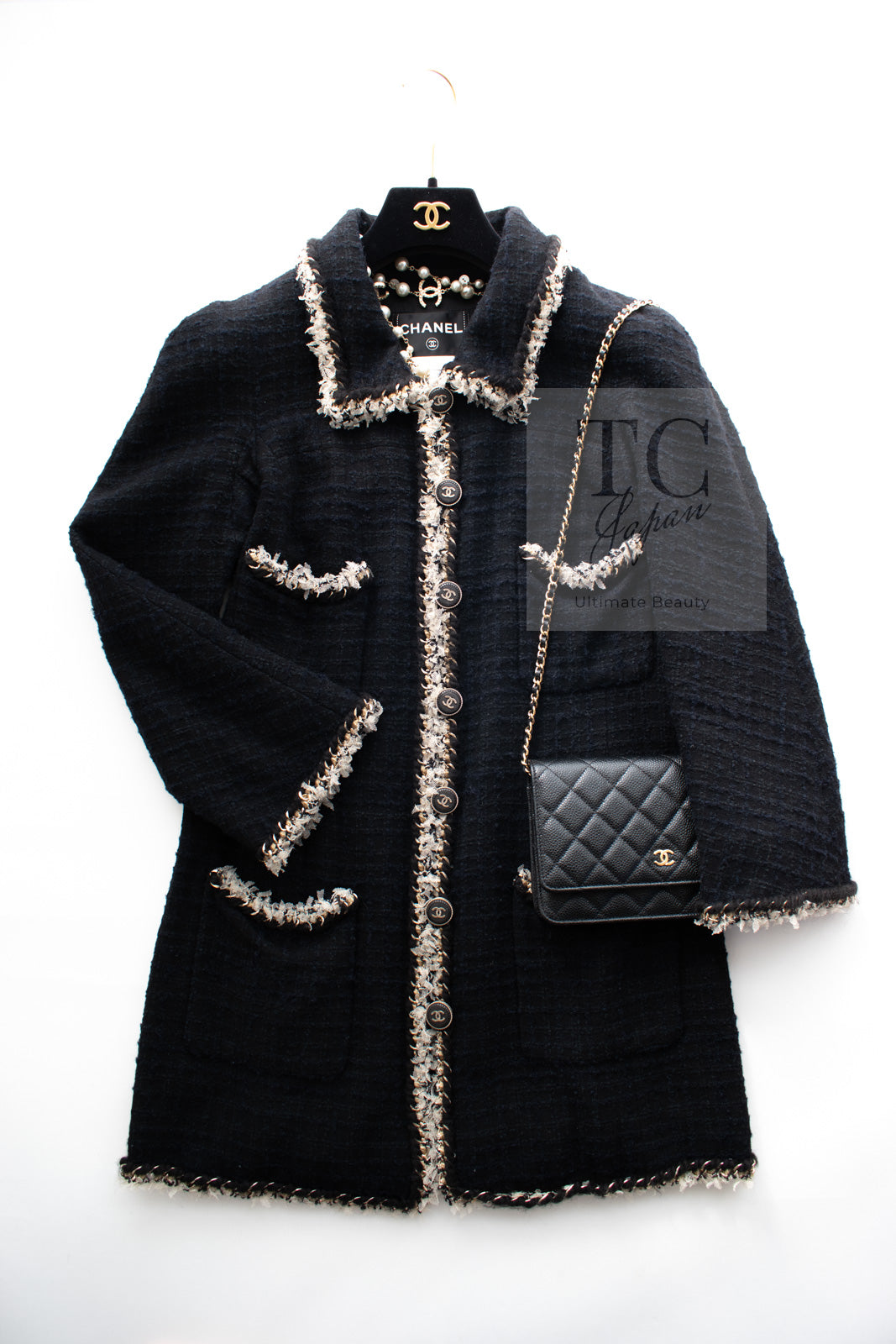 CHANEL 11A Black Dark Navy Gold Chain Trimming Jacket Coat 38 シャネル ブラック ダーク ネイビー ゴールド チェーン トリミング ジャケット コート