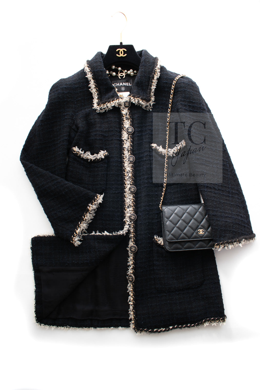 18C CHANELジャケット　美品 シャネル コート CHANEL ブラック ネイビー ゴールド チェーン