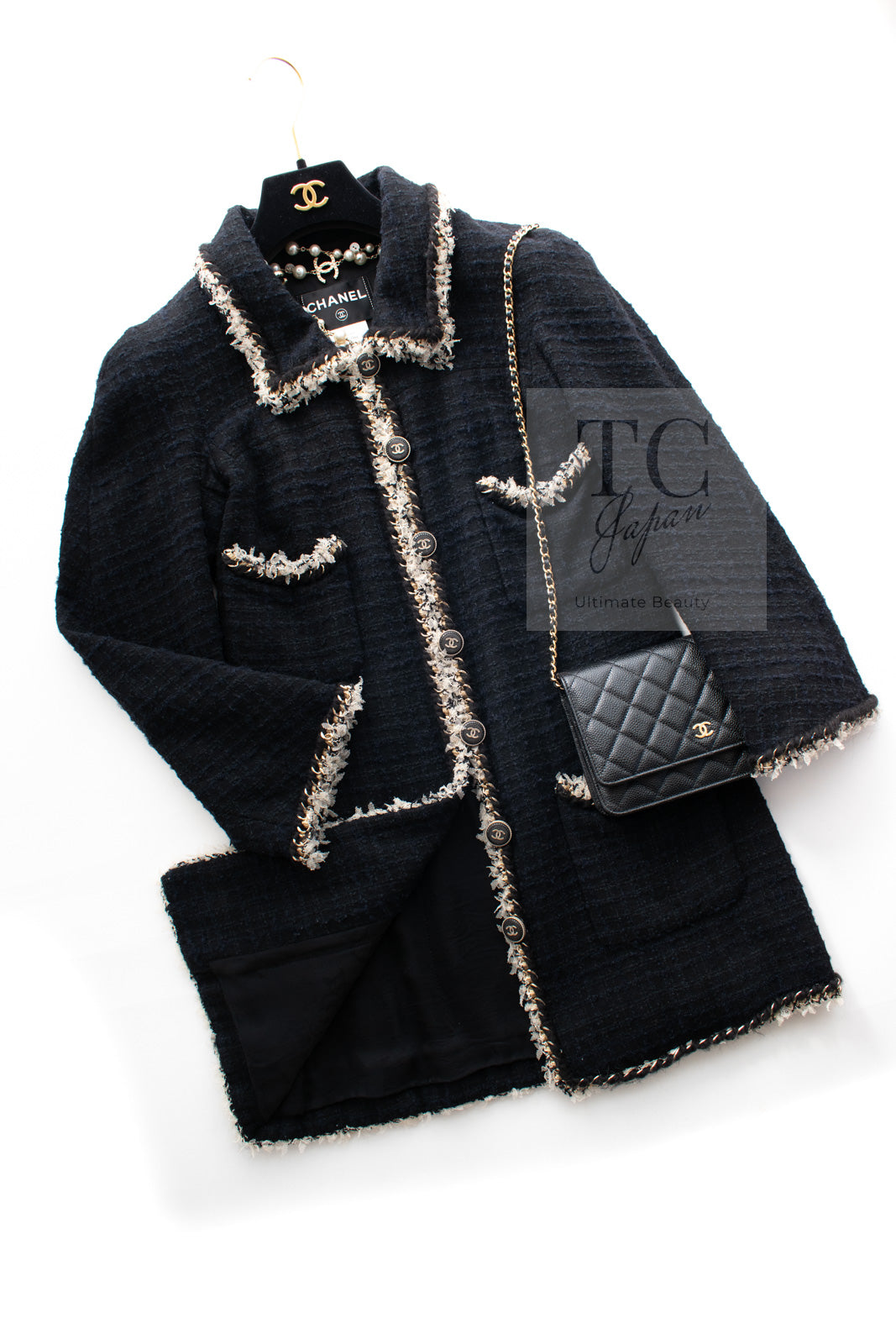 CHANEL 11A Black Dark Navy Gold Chain Trimming Jacket Coat 34 シャネル ブラック ダーク ネイビー ゴールド チェーン トリミング ジャケット コート 即発
