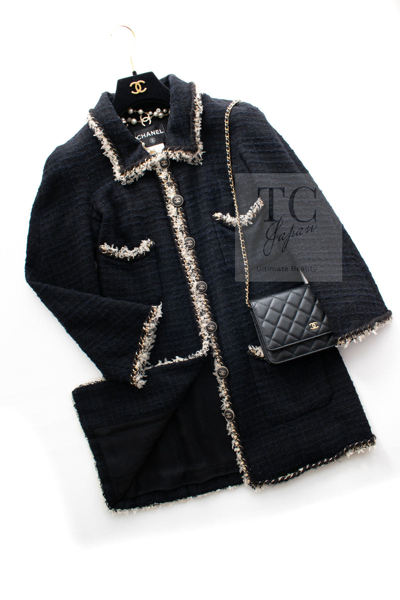 CHANEL 11A Black Dark Navy Gold Chain Trimming Jacket Coat 38 シャネル ブラック ダーク ネイビー ゴールド チェーン トリミング ジャケット コート