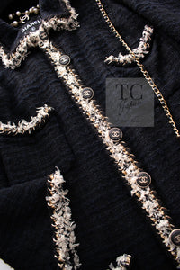 CHANEL 11A Black Dark Navy Gold Chain Trimming Jacket Coat 34 シャネル ブラック ダーク ネイビー ゴールド チェーン トリミング ジャケット コート 即発