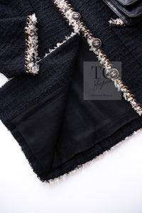 CHANEL 11A Black Dark Navy Gold Chain Trimming Jacket Coat 38 シャネル ブラック ダーク ネイビー ゴールド チェーン トリミング ジャケット コート