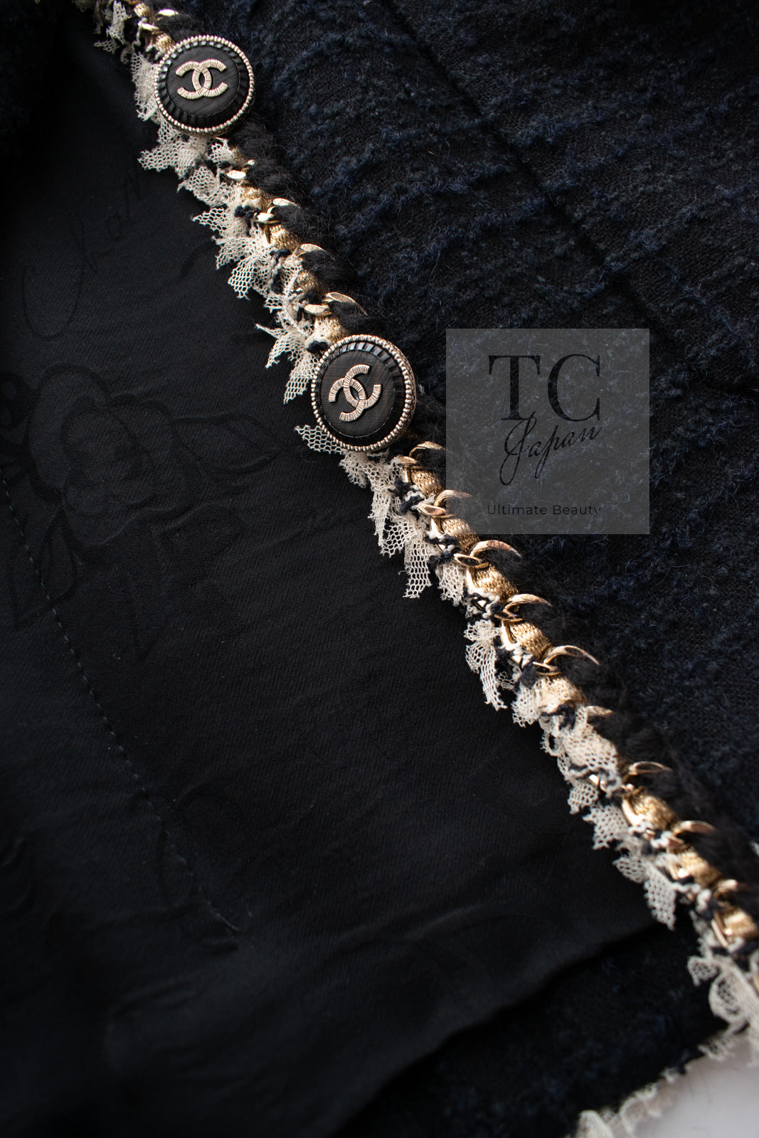 CHANEL 11A Black Dark Navy Gold Chain Trimming Jacket Coat 38 シャネル ブラック ダーク ネイビー ゴールド チェーン トリミング ジャケット コート