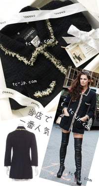 CHANEL 11A Black Dark Navy Gold Chain Trimming Jacket Coat 38 シャネル ブラック ダーク ネイビー ゴールド チェーン トリミング ジャケット コート