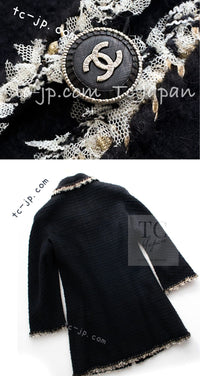 CHANEL 11A Black Dark Navy Gold Chain Trimming Jacket Coat 38 シャネル ブラック ダーク ネイビー ゴールド チェーン トリミング ジャケット コート