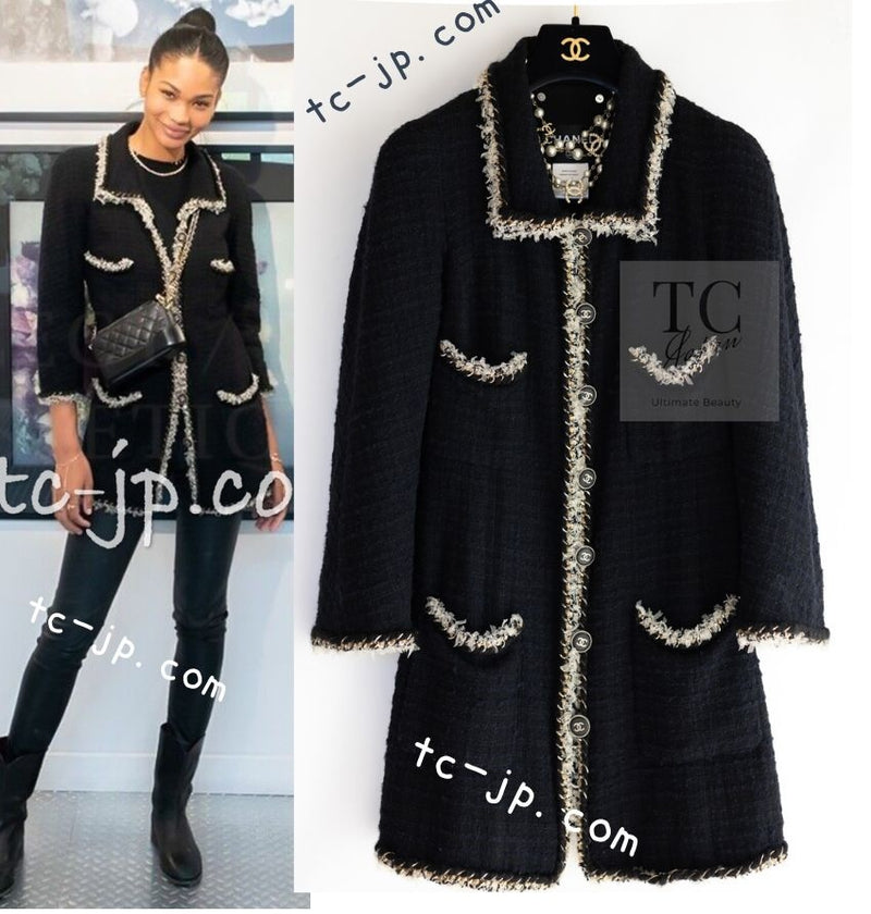 CHANEL 11A Black Navy Gold Chain Trimming Jacket Coat 36 シャネル ブラック ネイビー ゴールド チェーン トリミング ジャケット コート 即発