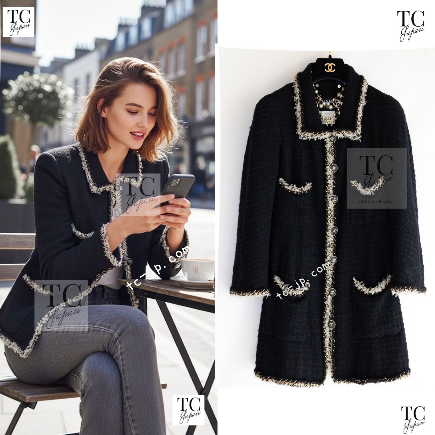CHANEL 11A Black Navy Gold Chain Trimming Jacket Coat 36 シャネル ブラック ネイビー ゴールド チェーン トリミング ジャケット コート