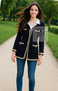 CHANEL 11A Black Dark Navy Gold Chain Trimming Jacket Coat 34 シャネル ブラック ダーク ネイビー ゴールド チェーン トリミング ジャケット コート 即発
