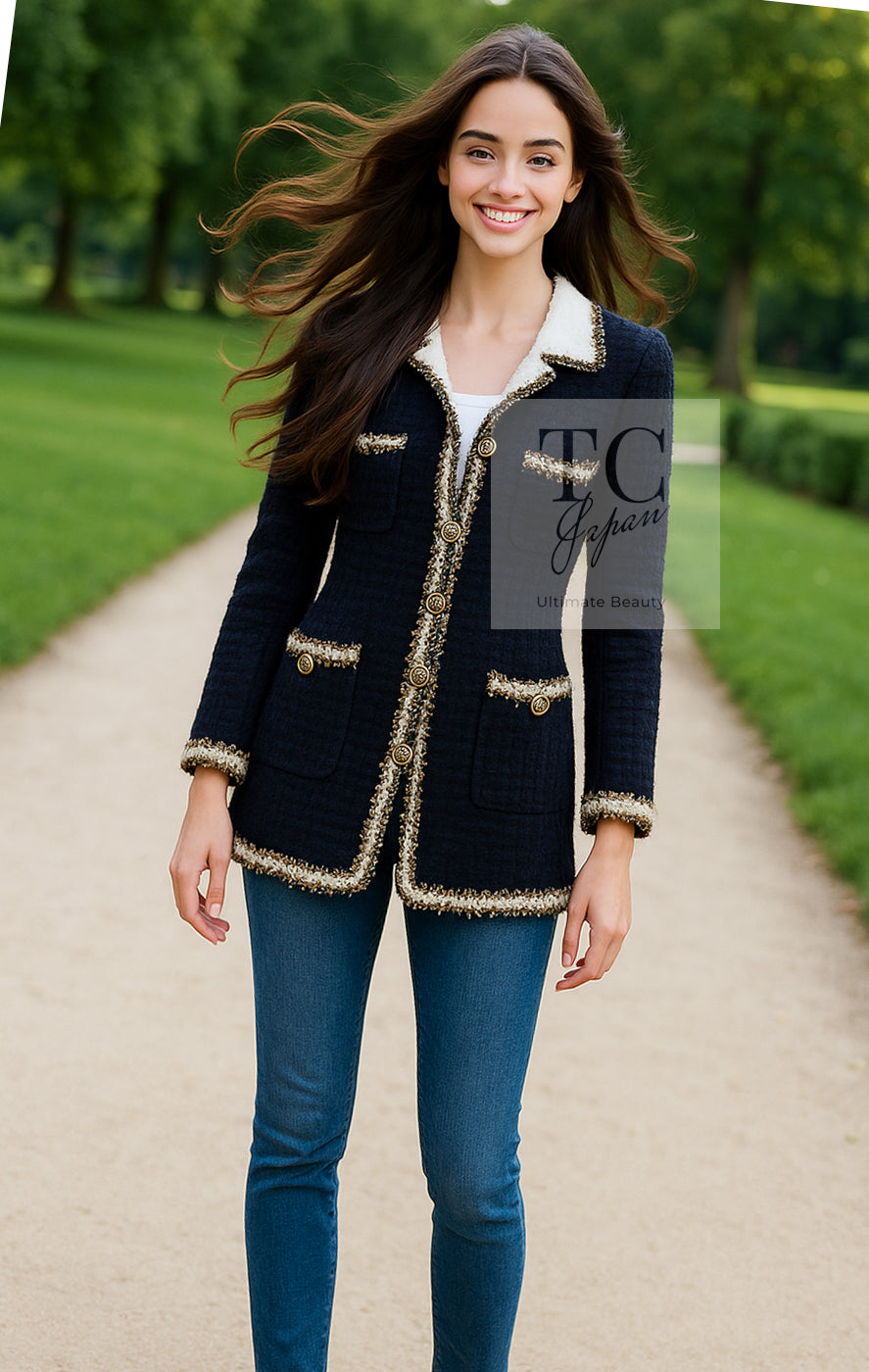 CHANEL 11A Black Dark Navy Gold Chain Trimming Jacket Coat 34 シャネル ブラック ダーク ネイビー ゴールド チェーン トリミング ジャケット コート 即発