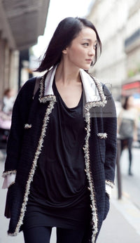 CHANEL 11A Black Dark Navy Gold Chain Trimming Jacket Coat 34 シャネル ブラック ダーク ネイビー ゴールド チェーン トリミング ジャケット コート 即発