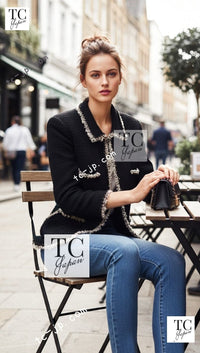 CHANEL 11A Black Dark Navy Gold Chain Trimming Jacket Coat 34 シャネル ブラック ダーク ネイビー ゴールド チェーン トリミング ジャケット コート 即発