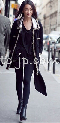 CHANEL 11A Black Dark Navy Gold Chain Trimming Jacket Coat 38 シャネル ブラック ダーク ネイビー ゴールド チェーン トリミング ジャケット コート