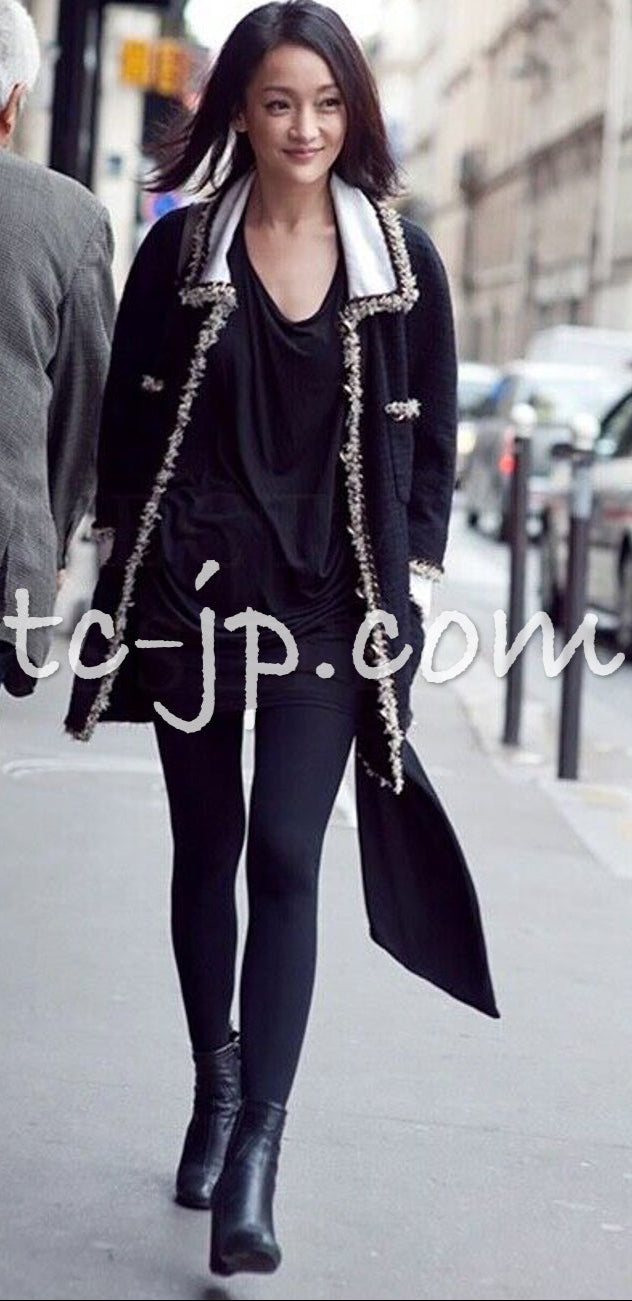 CHANEL 11A Black Dark Navy Gold Chain Trimming Jacket Coat 38 シャネル ブラック ダーク ネイビー ゴールド チェーン トリミング ジャケット コート