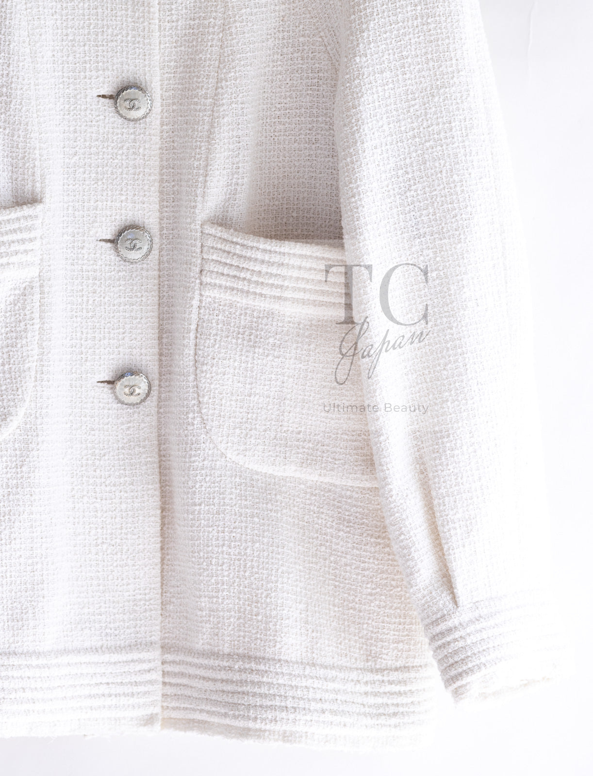 美品✨CHANEL ツイード　ジャケット　ホワイト シャネル ジャケット CHANEL ホワイト コットン スタンド 襟 ツイード