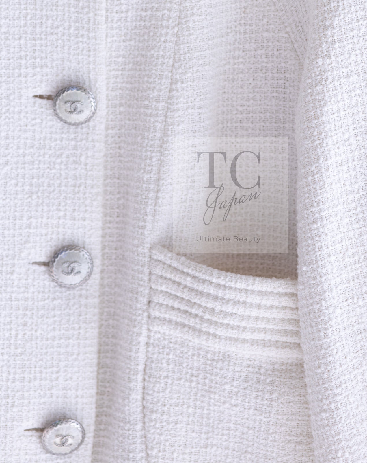 シャネル ジャケット CHANEL ホワイト コットン スタンド 襟 ツイード