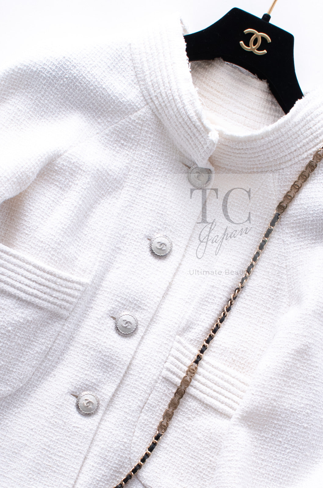 シャネル ジャケット CHANEL ホワイト コットン スタンド 襟 ツイード