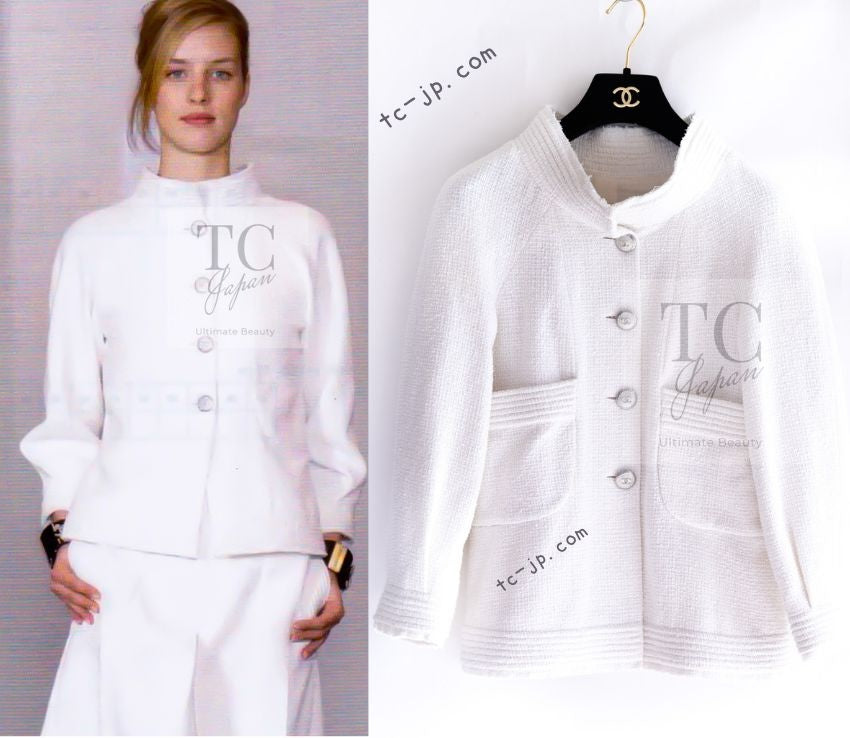 CHANEL 12S White Stand Collar Cotton Tweed Jacket 34 シャネル ホワイト コットン スタンド 襟 ツイード ジャケット 即発