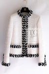 CHANEL 20B Ivory White Ecru Black Braided Trim Collarless Tweed Jacket 34 シャネル アイボリー ホワイト ブラック ブレード トリム ノーカラー ツイード ジャケット 即発