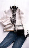 CHANEL 20B Ivory White Ecru Black Braided Trim Collarless Tweed Jacket 34 シャネル アイボリー ホワイト ブラック ブレード トリム ノーカラー ツイード ジャケット 即発