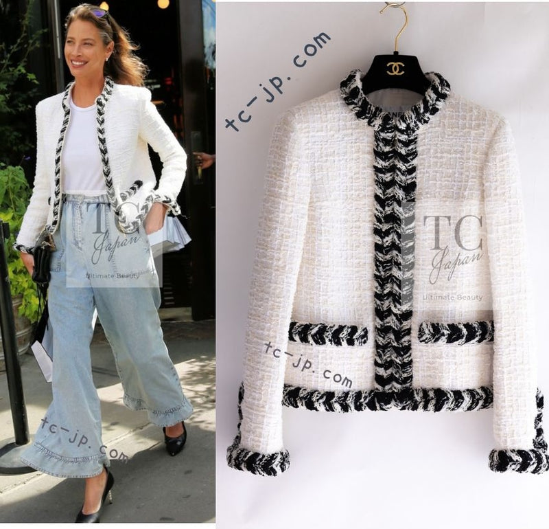 CHANEL 20B Ivory White Ecru Black Braided Trim Collarless Tweed Jacket 34 シャネル アイボリー ホワイト ブラック ブレード トリム ノーカラー ツイード ジャケット 即発