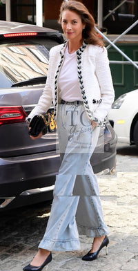 CHANEL 20B Ivory White Ecru Black Braided Trim Collarless Tweed Jacket 42 シャネル アイボリー ホワイト ブラック ブレード トリム ノーカラー ツイード ジャケット 即発 - TC JAPAN