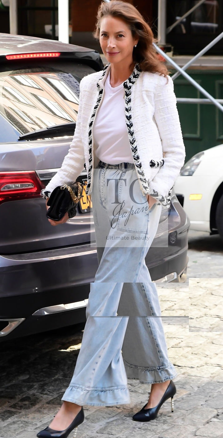 CHANEL 20B Ivory White Ecru Black Braided Trim Collarless Tweed Jacket 42 シャネル アイボリー ホワイト ブラック ブレード トリム ノーカラー ツイード ジャケット 即発 - TC JAPAN