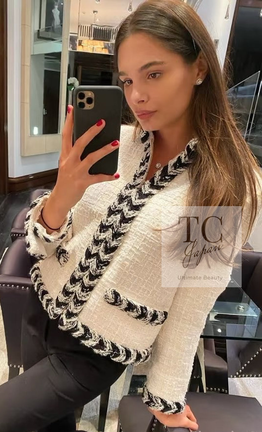 CHANEL 20B Ivory White Ecru Black Braided Trim Collarless Tweed Jacket 42 シャネル アイボリー ホワイト ブラック ブレード トリム ノーカラー ツイード ジャケット 即発 - TC JAPAN