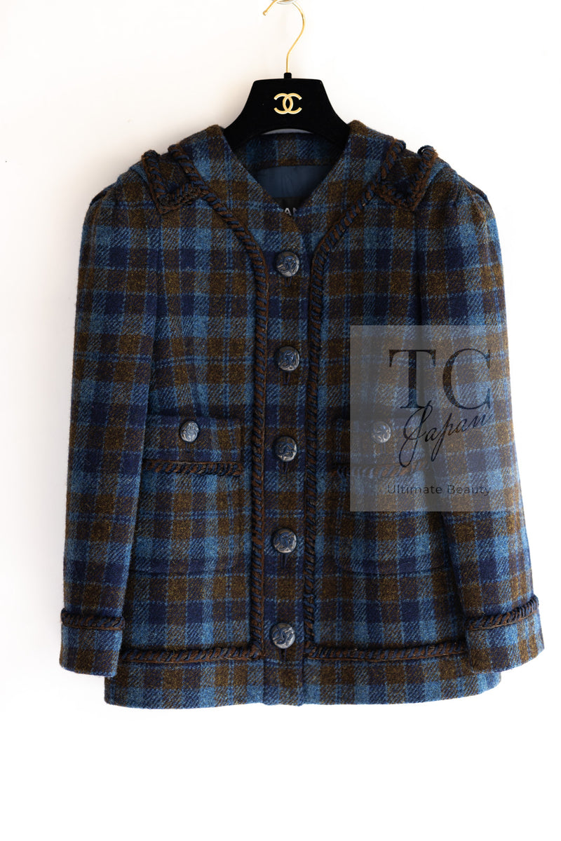 CHANEL 15A Blue Khaki Check Pattern Wool Tweed Jacket 38 シャネル  ブルー カーキ チェック柄 ウール ツイード ジャケット 即発