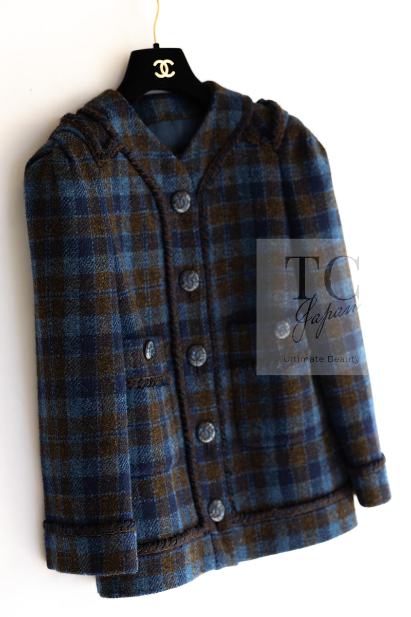 CHANEL 15A Blue Khaki Check Pattern Wool Tweed Jacket 38 シャネル  ブルー カーキ チェック柄 ウール ツイード ジャケット 即発