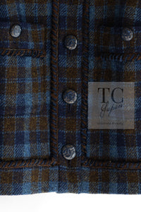 CHANEL 15A Blue Khaki Check Pattern Wool Tweed Jacket 38 シャネル  ブルー カーキ チェック柄 ウール ツイード ジャケット 即発