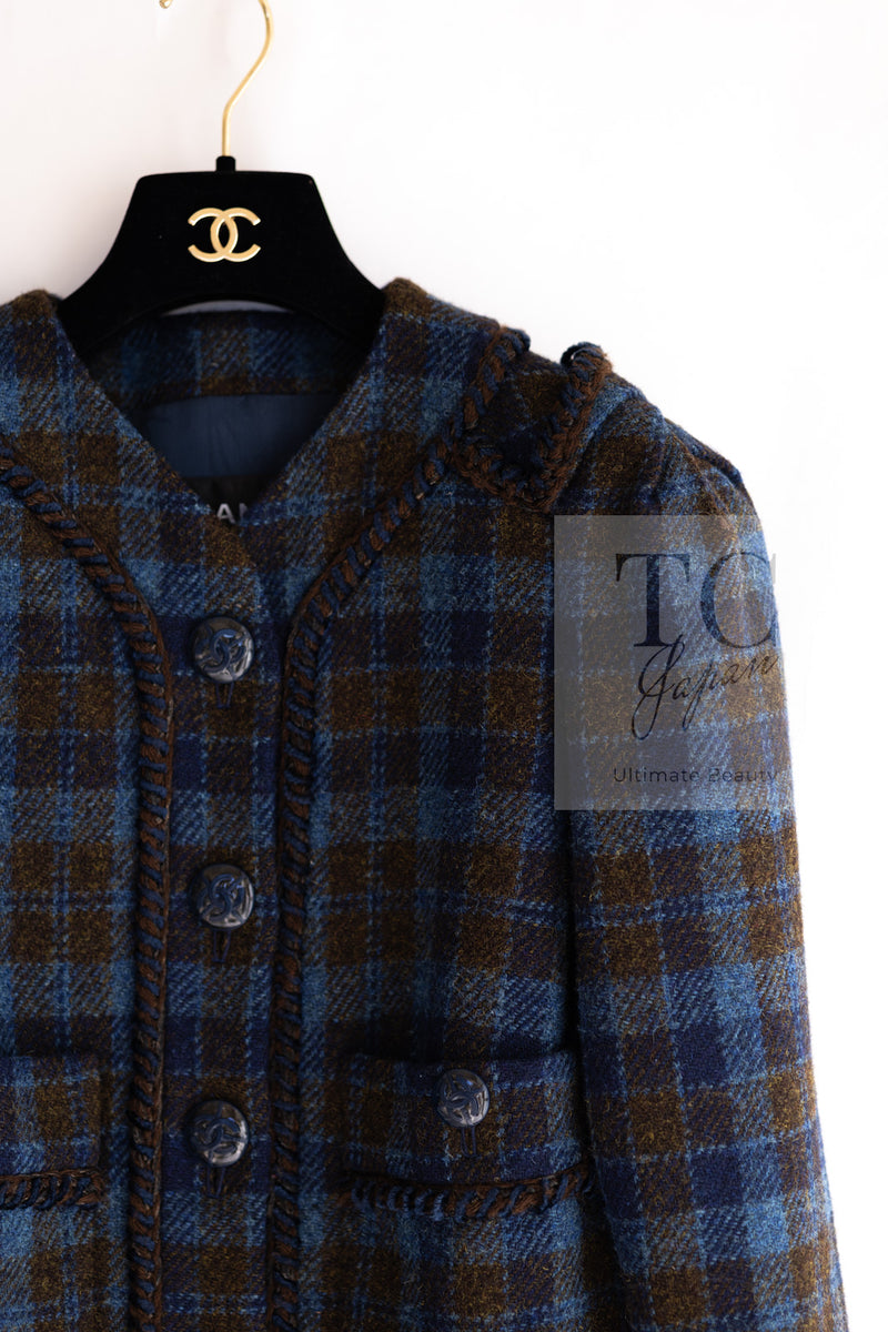 CHANEL 15A Blue Khaki Check Pattern Wool Tweed Jacket 38 シャネル  ブルー カーキ チェック柄 ウール ツイード ジャケット 即発