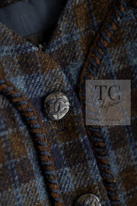 CHANEL 15A Blue Khaki Check Pattern Wool Tweed Jacket 38 シャネル  ブルー カーキ チェック柄 ウール ツイード ジャケット 即発