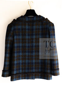 CHANEL 15A Blue Khaki Check Pattern Wool Tweed Jacket 38 シャネル  ブルー カーキ チェック柄 ウール ツイード ジャケット 即発