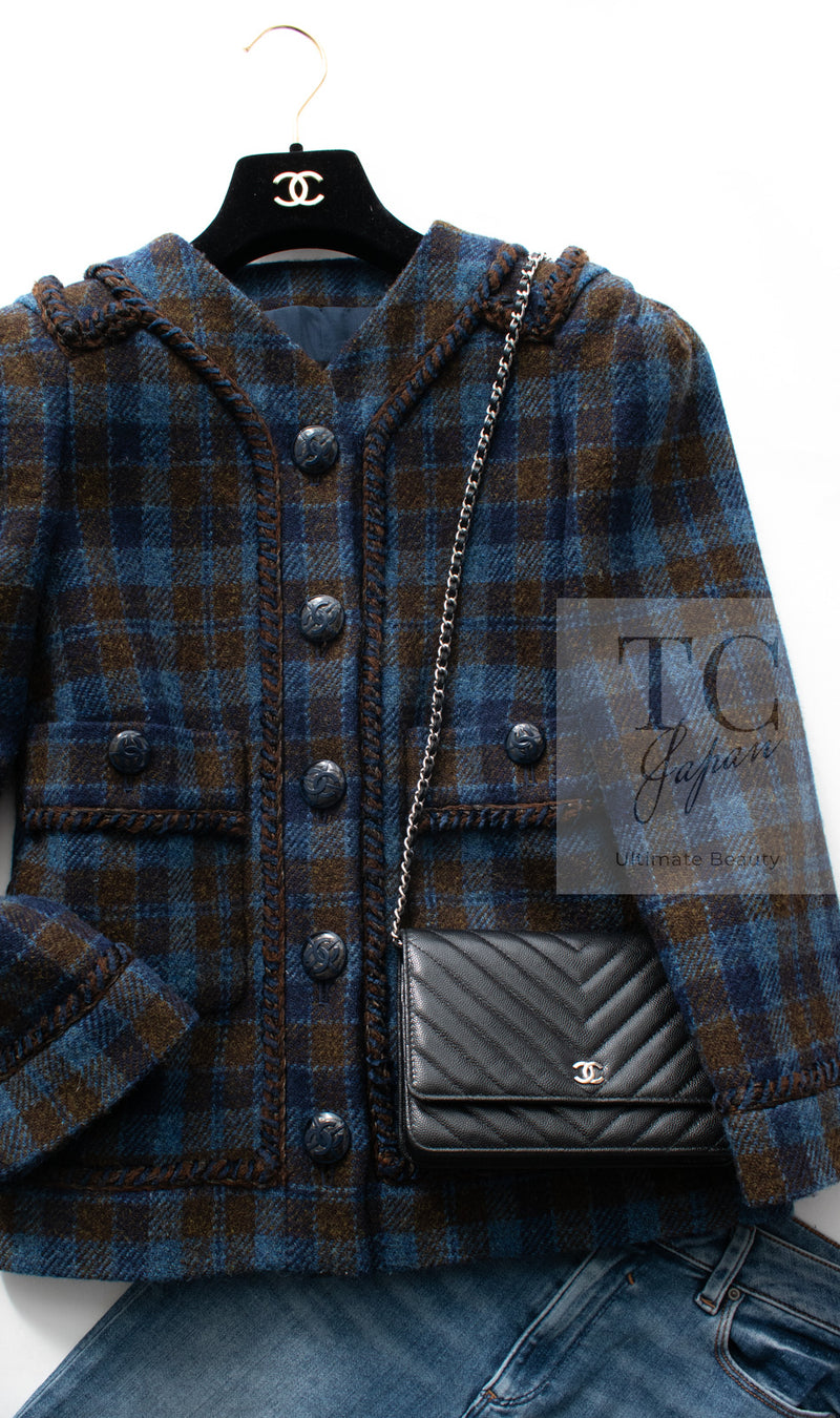 CHANEL 15A Blue Khaki Check Pattern Wool Tweed Jacket 38 シャネル  ブルー カーキ チェック柄 ウール ツイード ジャケット 即発