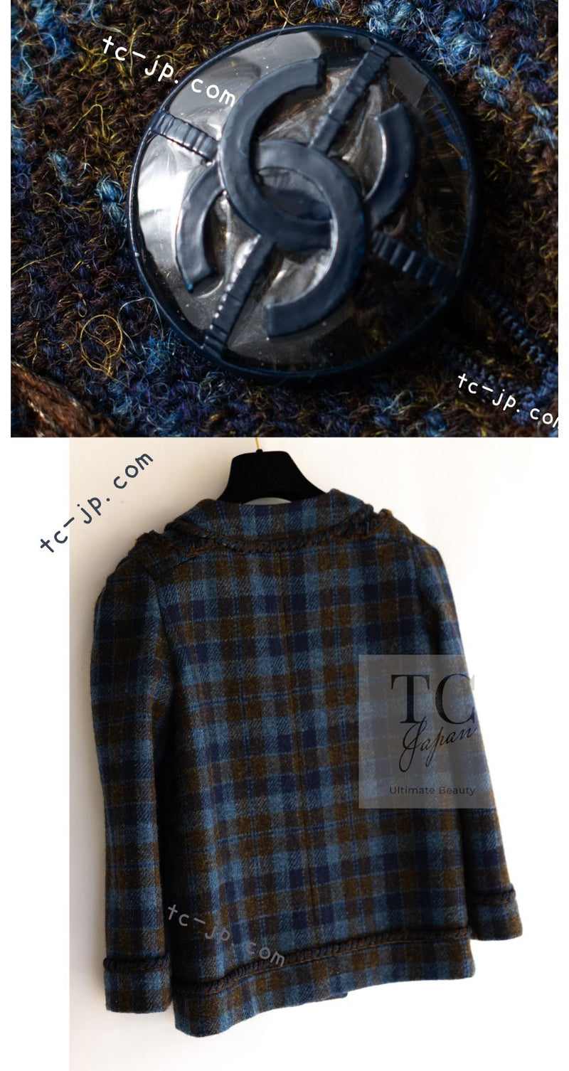 CHANEL 15A Blue Khaki Check Pattern Wool Tweed Jacket 38 シャネル  ブルー カーキ チェック柄 ウール ツイード ジャケット 即発