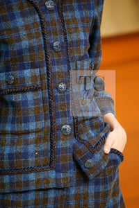 CHANEL 15A Blue Khaki Check Pattern Wool Tweed Jacket 38 シャネル  ブルー カーキ チェック柄 ウール ツイード ジャケット 即発